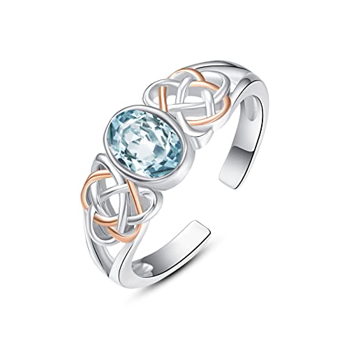 PRAYMOS 925 Sterling Silver Ring Birthstone Ring Turquoise Moss White Opal Ring for Women Celtic Knot Open Adjustable Thrumb Ring - color: Blue Aquamarine