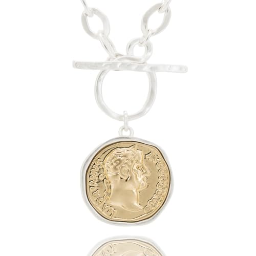 Women's Chunky Coin Necklace, 18K Gold Plated, 18-Inch Toggle Chain | Double-Sided Antique Coin Pendant with Thick Link Chain for Layered Looks and Vintage Statement Style for Everyday Wear - color: Sliver & Worn Gold-1