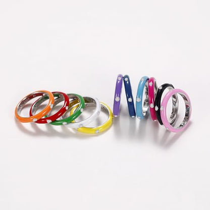 Stackable Enamel Ring 925 Sterling Silver Cubic Zirconia Rainbow Eternity Stacking Band Rings for Women 10 （White） - color: White, size: 10