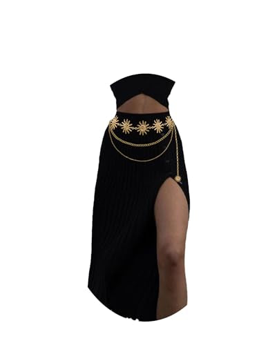 Waist Chain Belt Multilayer Gold Silver Sun Moon Chain Belt for Women Dress Body Belly Chain Metal Waist Chain - color: Gold-47inch