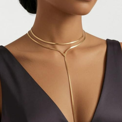 Chunky Gold Choker Necklace for Women, Double Layered Trendy Statement Y Necklace Long Snake Chain Drop Silver Necklaces Tassel Charm Prom Jewelry Accessories Gifts - color: 14K Gold