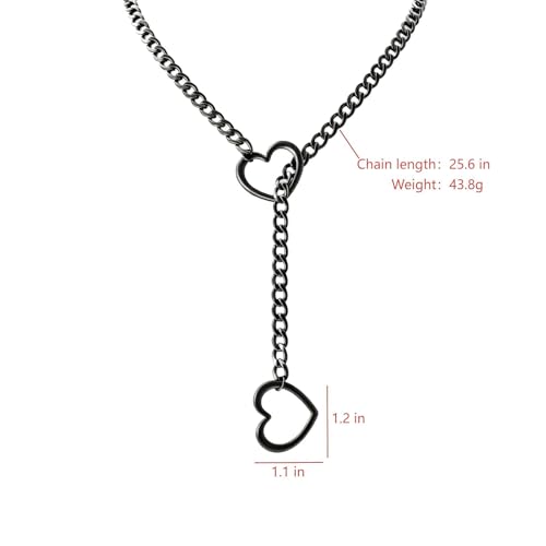 Slip Chain Choker for Women Handmade Black Stainless Steel Cuban Chain Chunky Moon Bat Raven Skull Pendant Gothic Punk Rock Collar Adjustable Lariat Y Necklace for Men - style: Black heart