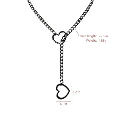 Slip Chain Choker for Women Handmade Black Stainless Steel Cuban Chain Chunky Moon Bat Raven Skull Pendant Gothic Punk Rock Collar Adjustable Lariat Y Necklace for Men - style: Black heart
