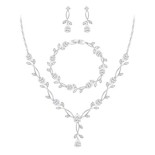 EVER FAITH Cubic Zirconia Pearl Leaf Bridal Jewelry Set for Bride Women | White Wedding Prom Necklace Dangle Earrings Bracelet, for Bridesmaid - color: CZ_Clear Silver-Plated-Brass