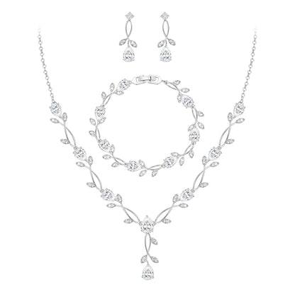 EVER FAITH Cubic Zirconia Pearl Leaf Bridal Jewelry Set for Bride Women | White Wedding Prom Necklace Dangle Earrings Bracelet, for Bridesmaid - color: CZ_Clear Silver-Plated-Brass