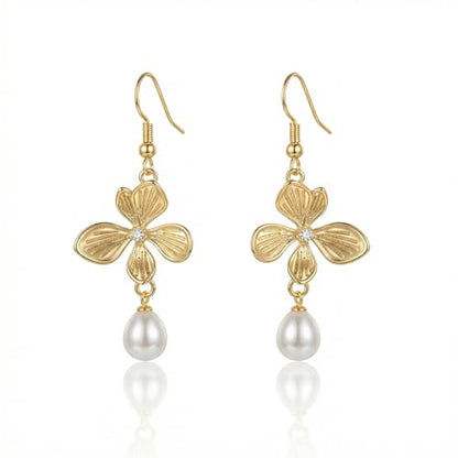 BELLA-Bee Gold Plated Flower Drop Earrings for Women, Dangle Earrings with Pearl, Hypoallergenic Gold Earrings for Sensitive Ears, Elegant Jewelry Gifts - color: 14K Gold plated Flower-1