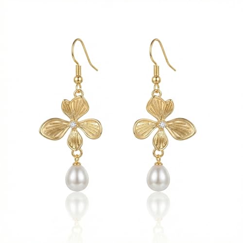 BELLA-Bee Gold Plated Flower Drop Earrings for Women, Dangle Earrings with Pearl, Hypoallergenic Gold Earrings for Sensitive Ears, Elegant Jewelry Gifts - color: 14K Gold plated Flower-1