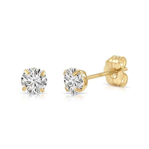 14k Yellow Gold Solitaire Round Cubic Zirconia Stud Earrings - Pushbacks - style: 4mm