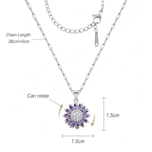 Sunflower Fidget Necklace for Women Gold Moon Necklace Rotating Heart Necklaces Spinning Crystal Flower Anxiety Necklaces Crescent Moons Jewelry Accessories - color: Silver Purple