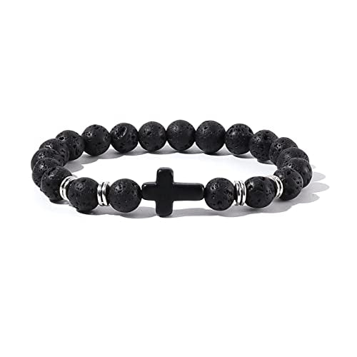 8MM Ornament Lava Volcanic Stone Beads Turquoise Cross Elastic Stretch Bracelet Religion Bangle for Women Men - color: 3pcs B