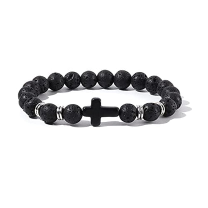 8MM Ornament Lava Volcanic Stone Beads Turquoise Cross Elastic Stretch Bracelet Religion Bangle for Women Men - color: 3pcs B