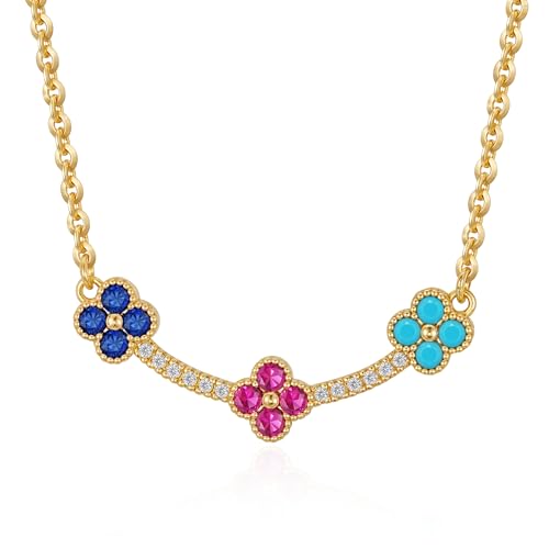 Fettero Dainty 14K Gold Plated Cubic Zirconia Necklaces for Women, Simple Bar Pendant Necklace, Mix-color Rainbow Jewelry Gold Necklace for Women Trendy Gifts - style: Clover