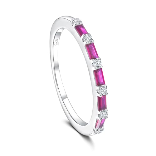 925 Sterling Silver 1.5mm Thin Baguette Stackable Rings for Women | Created Ruby/Sapphire/Emerald/Cubic Zirconia,Dainty Wedding Band Birthday Anniversary Jewelry(with Gift Box) - color: 04-Created Ruby & CZ