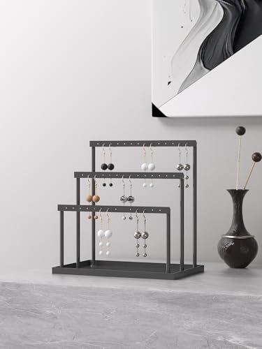 3 Tier Jewelry Earring Organizer Holder,Large And Small Stud Earring Tabletop Storage Display Stand For Girls,Hanging Dangle Earring Towers For Selling,Jewelry Rack For Vendors (Black)
