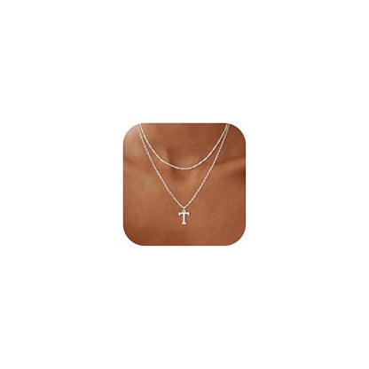 14K Gold Plated Initial Necklaces for Women Dainty Layered Letter Pendant Necklace Cute Choker Necklace Gift Trendy Stuff Personalized Jewelry Stack for Women Her - color: Silver, style: T