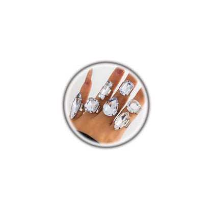 FUTIMELY 7Pcs Exaggerated Chunky Large Rhinestone Ring Set,Glitter Heart Square Oval Teardrop Knuckle Rings,Unique Red Crystal Open Rings Pack Cocktail Jewelry - color: Silver