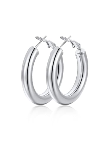 FindChic Hoop Earrings for Women, Silver/Black/14K Gold Plated Hypoallergenic Hollow Round Tube Loop Earrings, 20mm/30mm/40mm/60mm/80mm Chunky Hoops with Custom Name Options & Gift Box - color: b.Silver, size: 30MM