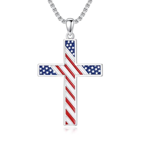 Cross Necklace for Men Women 925 Sterling Silver Cross Pendant Necklace Christian Religious Jewelry Gifts for Anniversary - color: 14-American Flag Cross