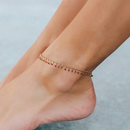 Gold Anklets for Women 14K Gold Plated Tiny Bead Anklet Colorful Tassel Foot Chain Dainty Adjustable Cute Summer Beach Boho Anklets Jewelry Gift - color: nano rose