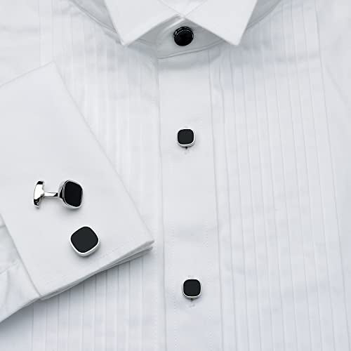 HAWSON Cufflinks and Studs for Men-Black Stone Mens Fashion Gun-Black Cufflinks and Tuxedo Shirt Studs Set for Regular Weeding Business Accessories - color: Silver+Black
