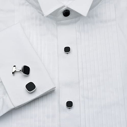 HAWSON Cufflinks and Studs for Men-Black Stone Mens Fashion Gun-Black Cufflinks and Tuxedo Shirt Studs Set for Regular Weeding Business Accessories - color: Silver+Black