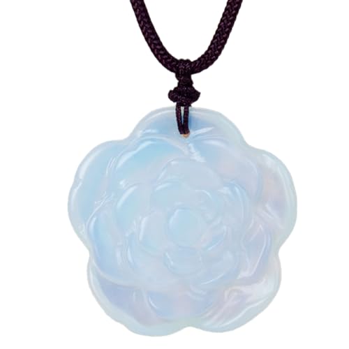 Crystal Flower Pendant Necklace for Women, Hand Carved Sculpted Flower Bloom Charm, Healing Stone Jewelry Gift for Her Mom Girlfriend - color: White