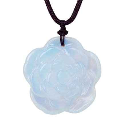 Crystal Flower Pendant Necklace for Women, Hand Carved Sculpted Flower Bloom Charm, Healing Stone Jewelry Gift for Her Mom Girlfriend - color: White