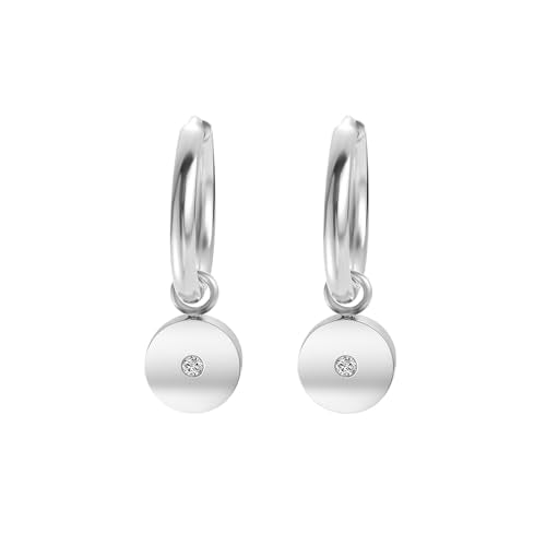 Women's Huggie Hoop Earrings with Small Cute Charm - style: Silver Full Moon one CZ