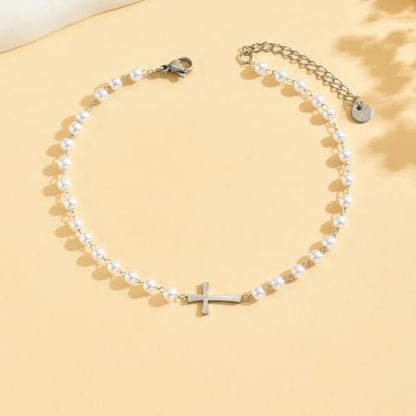 Dainty Cross Ankle Bracelets for Women 18K Gold Plated Tiny Pearl Colorful Beads Beach Summer Simple Foot Jewelry Anklets for Jewelry Gift - style: Pearl Cross-WG