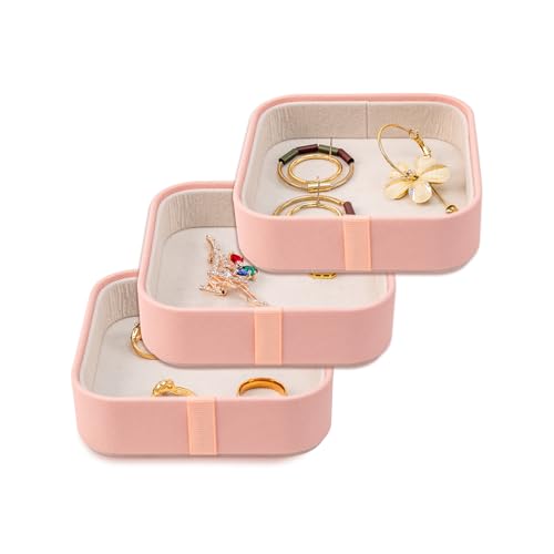 Set of 3 Small Stackable Jewelry Organizer Trays Mini Jewelry Drawer Oragnizer Small Jewelry Display Tray for Necklace Bracelet Rings Earrings and Makeup (LightPink) - color: LightPink