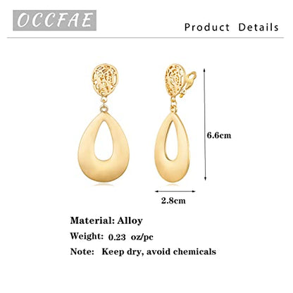 Gold Metal Clip On Earrings for Women Non Pierced Dangle Drop Earrings Multiple Styles - color: gold water drop