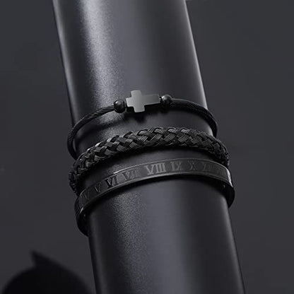 WFYOU 3PCS Stainless Steel Imperial Crown Bracelets for Men Gold Roman Numeral Bangle Bracelet Adjustable Cuff Bracelet Mens Luxury Jewelry Gifts - style: 05:Black-Cross