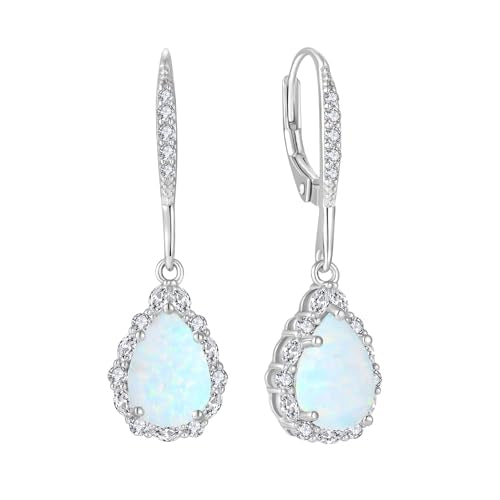 Created Opal Earrings 925 Sterling Silver Leverback Drop Dangle Earrings 5A Cubic Zirconia Jewelry for Women - color: B white opal