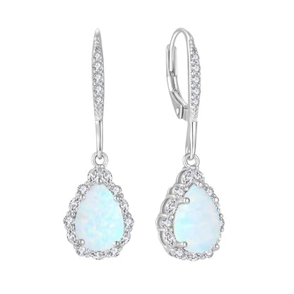 Created Opal Earrings 925 Sterling Silver Leverback Drop Dangle Earrings 5A Cubic Zirconia Jewelry for Women - color: B white opal
