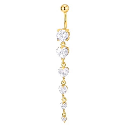 COOLSTEELANDBEYOND Steel Belly Chain Belly Button Ring Body Jewelry Piercing Navel Ring with Long Dangle Cubic Zirconia - color: B-Metal Color: Gold