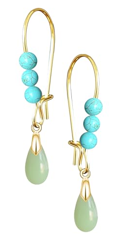 Natural Waterdrop Stone Drop Earrings,Gold Plated Real Genuine Teardrop Crystal Quartz Gemstone Pin Hoop Earrings Hooks Statement Dangle Dangling Earrings for Women Her - color: A01_Dongling Jade