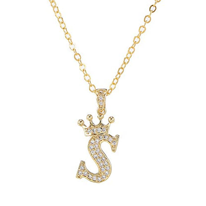 Pingyongchang Letter A-Z pendant necklace Crown letter pendant Charming initials chain necklace, inlaid crystal letter necklace - color: crown-S