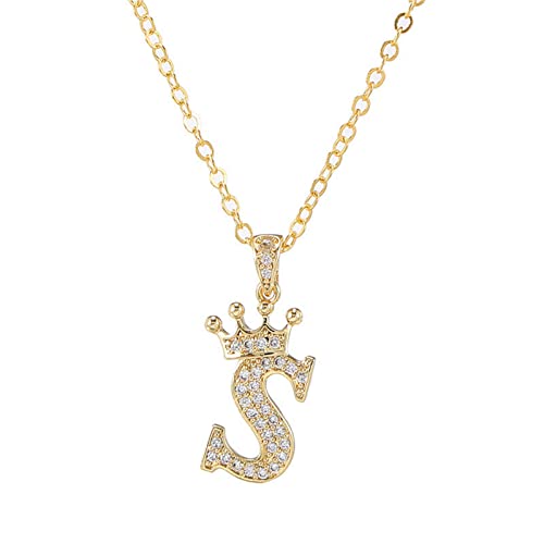 Pingyongchang Letter A-Z pendant necklace Crown letter pendant Charming initials chain necklace, inlaid crystal letter necklace - color: crown-S