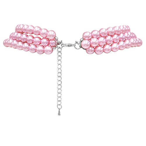 Rosemarie & Jubalee Women's 3 Colorful Multi Strands Simulated Pearl Necklace And Earrings Jewelry Gift Set, 18"+3" Extender - color: Light Pink Silver Tone - Double Ball Earring