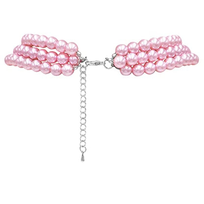 Rosemarie & Jubalee Women's 3 Colorful Multi Strands Simulated Pearl Necklace And Earrings Jewelry Gift Set, 18"+3" Extender - color: Light Pink Silver Tone - Double Ball Earring