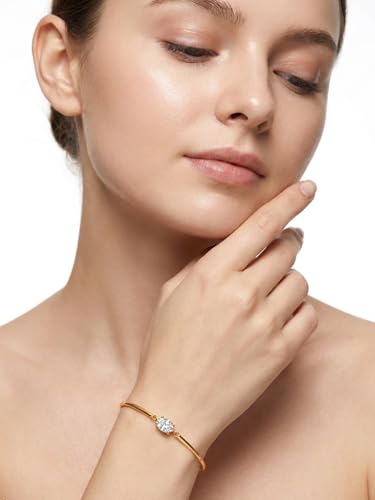 Moissanite/Sapphire/Ruby/Emerald Cuff Bracelet 1 Carat Oval Cut Center Stone Inlaid 925 Sterling Silver 14K Gold Plated Adjustable Birthstone Bangle for Women fit Wrist 5-7.5 Inch - color: Moissanite Gold