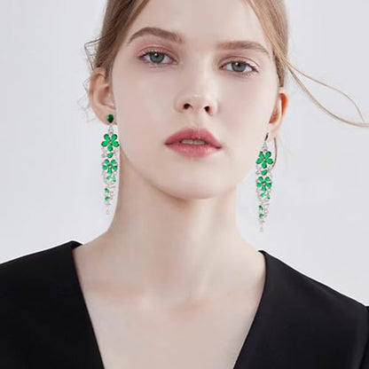 CZ Bridal Earrings for Wedding - 14k Plated Sterling Silver Elegant Teardrop Cubic Zirconia Crystal Rhinestone Floarl Leaf Cluster Chandelier Statement Dangle Drop Earrings for Bride Bridesmaids Party - color: Green Flower - Silver
