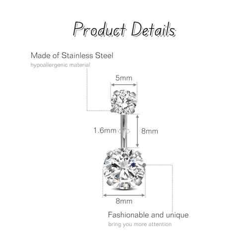 FECTAS 14g Belly Button Rings Surgical Steel CZ Petite Navel Ring for Women Body Piercing Jewelry Petite select Barbell Len 6mm 8mm 10mm 12mm 14mm Silver - style: silver-1pcs-8mm bar