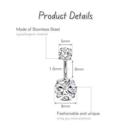 FECTAS 14g Belly Button Rings Surgical Steel CZ Petite Navel Ring for Women Body Piercing Jewelry Petite select Barbell Len 6mm 8mm 10mm 12mm 14mm Silver - style: silver-1pcs-8mm bar