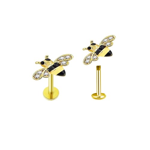 Cute Honeybee Cartilage Labret Monroe Stud Earrings 316L Surgical Stainless Steel Crystal Cubic Zirconia Bee Tragus Conch Helix Studs Lip Nose Rings Fashion Body Piercing Bar 6mm 8mm Length Jewelry Gifts for Women Girls 16G - color: 6mm