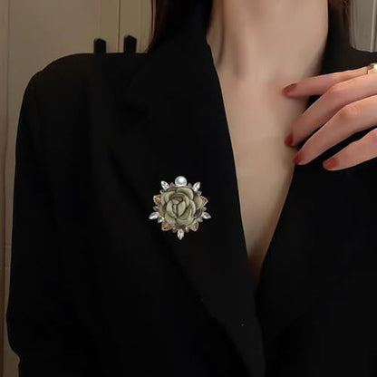 Elegant Rose Flower Brooch Pin for Women Men Wedding Party Gentleman's Essentials Handmade Imitation Crystal Pearl Fabric Flower Lapel Pin Dress Suit Accessories Boutonniere Ideas Gift - color: Green
