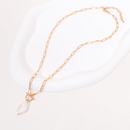 Natural Baroque Pearl/Gemstone Toggle Paperclip Pendant Necklace 18K Gold Plated Oval Natural Stone Jewelry Gift for Women