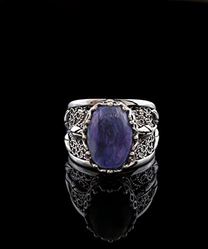 Filigranist 925 Sterling Silver Filigree Art Lace Embroidery Tulip Detailed Gemstone Women Cocktail Ring, Luxurious Gift Boxed - color: Charoite