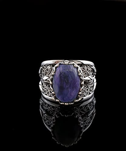Filigranist 925 Sterling Silver Filigree Art Lace Embroidery Tulip Detailed Gemstone Women Cocktail Ring, Luxurious Gift Boxed - color: Charoite
