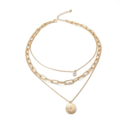 QCWN Gold Layered stacked Necklaces for women 3PS Chunky Statement Necklaces Stack Mixed Metal Charm Necklace for Women Trendy Coin Jewelry Gift for Her Gifts - style: Layered stack3